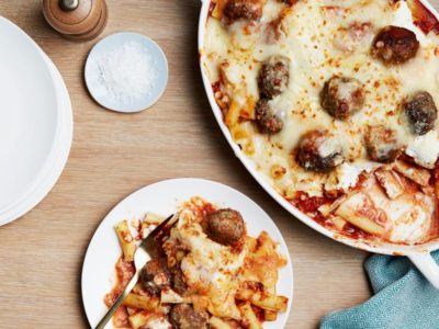 Baked Ziti with sausage and meatballs